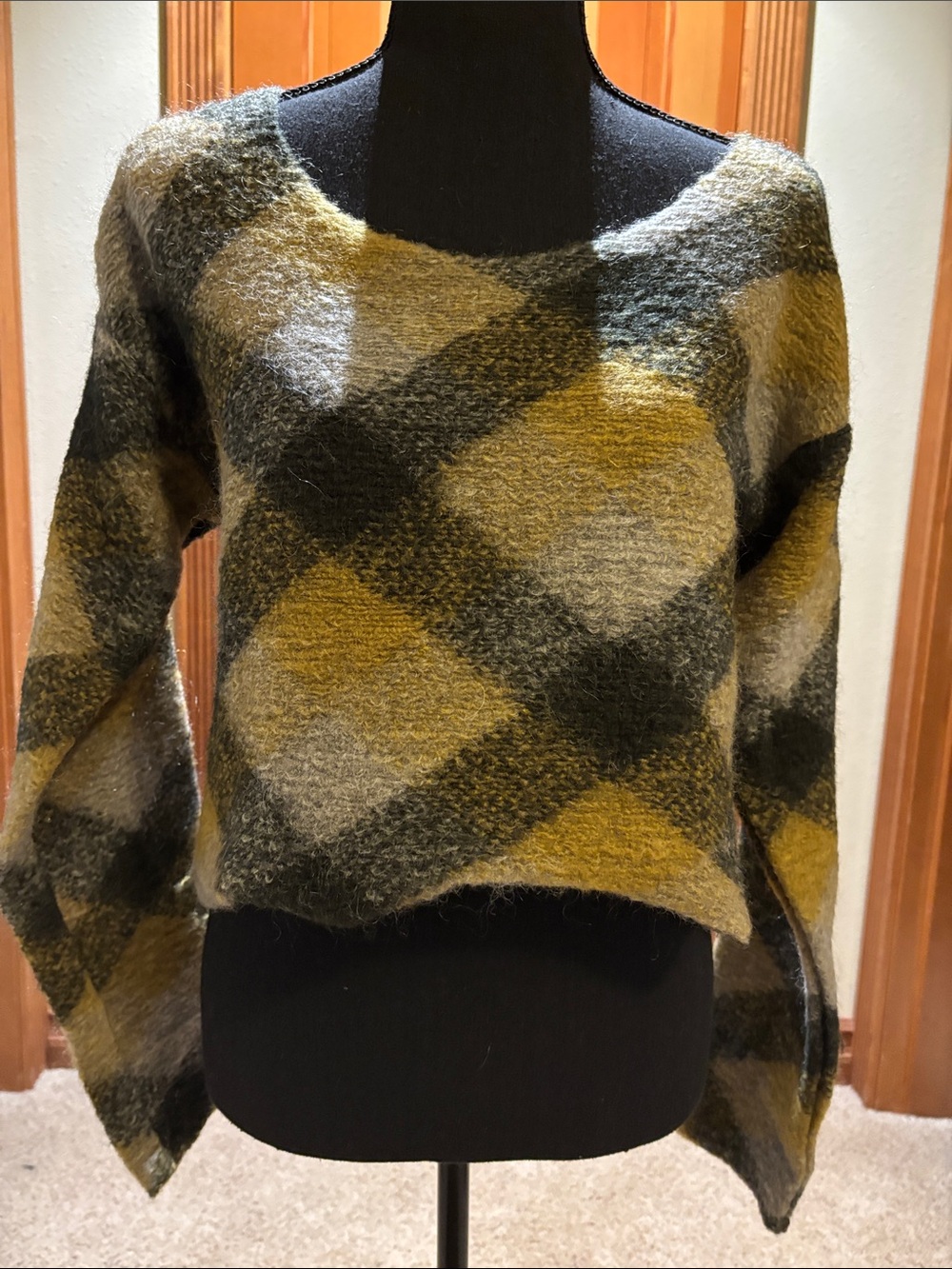 For Love & Lemons Plaid Fuzzy Crewneck Sweater - Olive, Black & Gray, size XS